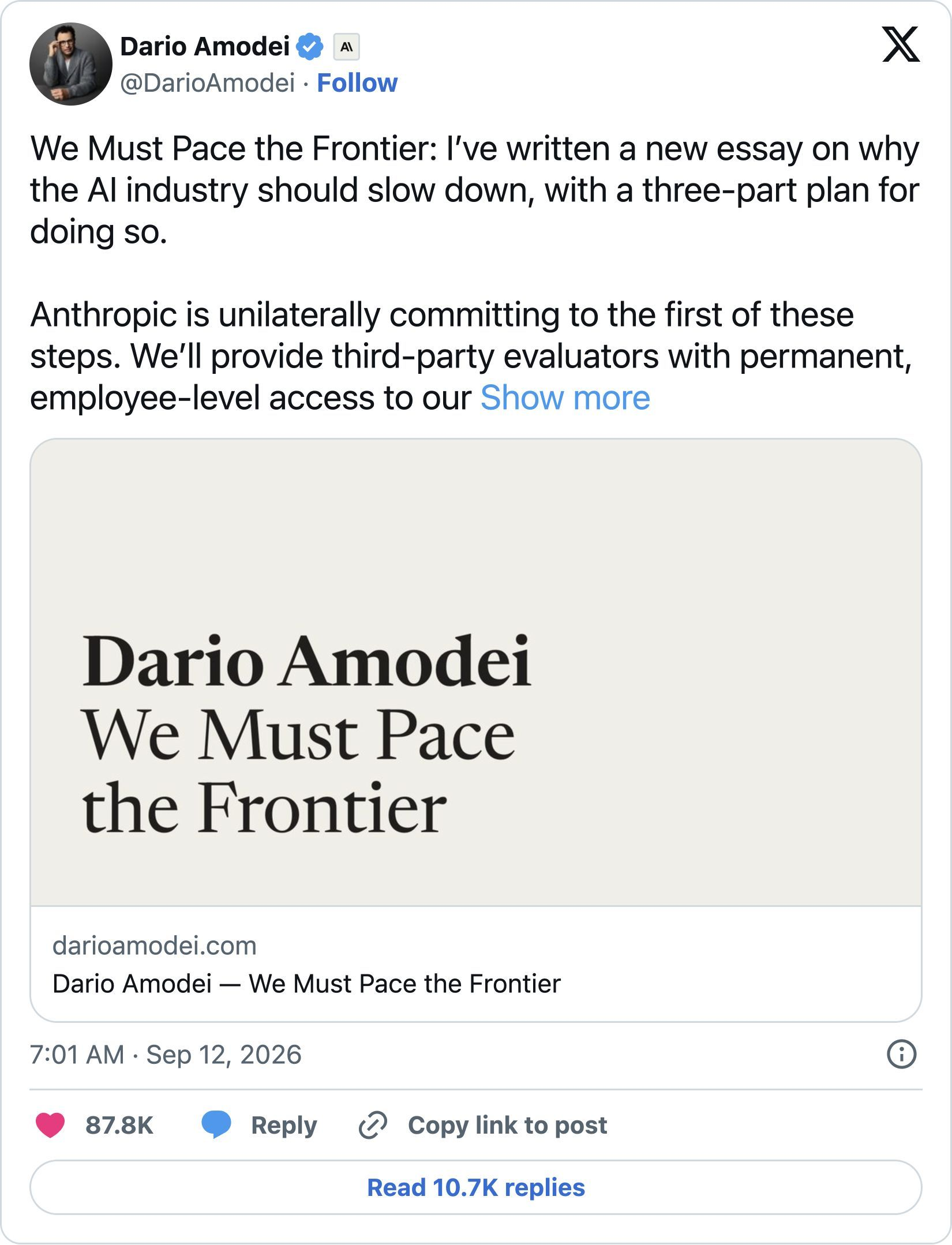 Saved screenshot of Dario Amodei’s post. Opening access. Captured September 25, 2026.