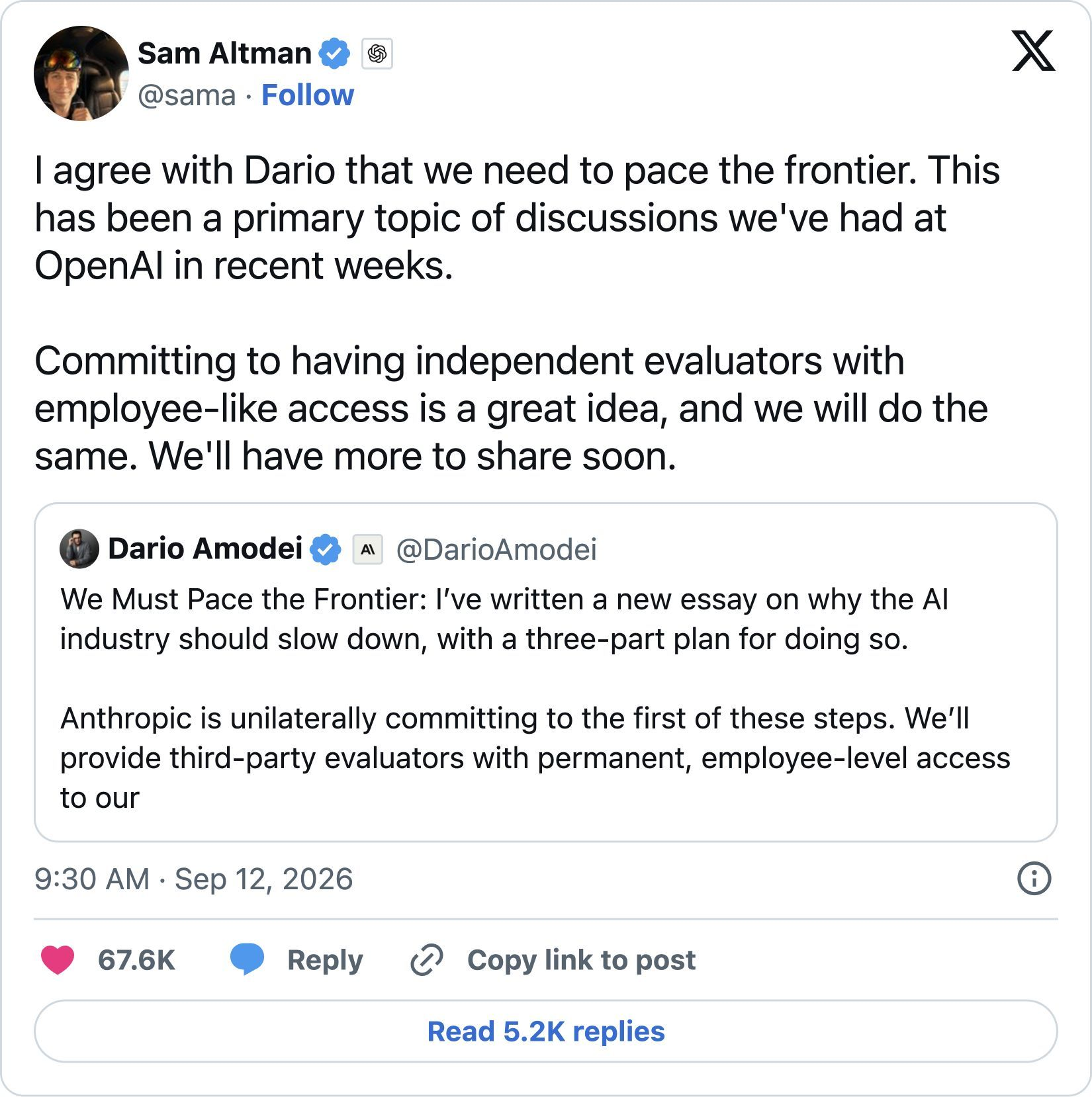 Saved screenshot of Sam Altman’s post. Joining the commitment. Captured September 25, 2026.